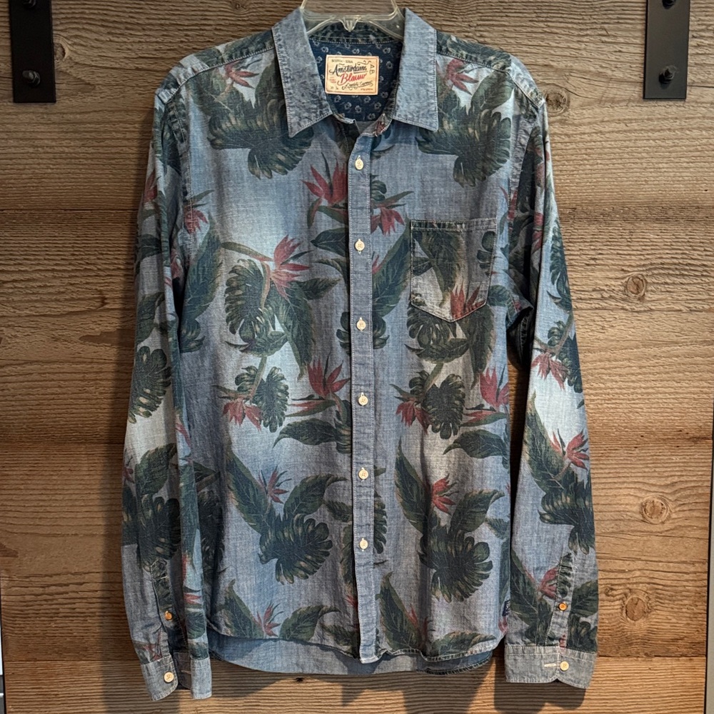 Scotch & Soda Blue Denim Shirt with Tropical Floral Pattern